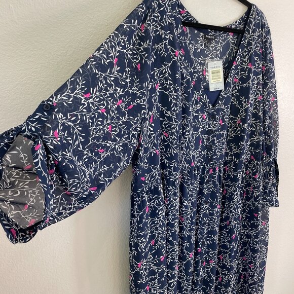 NEW $58 Torrid Womens Plus 4X Bird Print Shirt Dress Roll Tab Sleeve V Neck - Picture 7 of 12